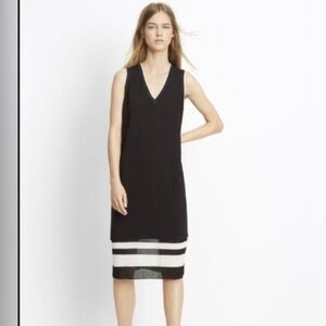 VINCE 8  Sleeveless black white pullover V neck Dress Double Layer Stripe 106730